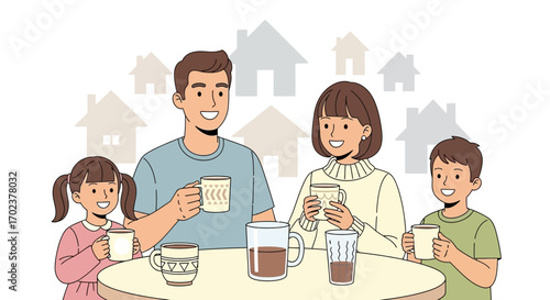 Family Enjoying Beverage At Home With Cozy Lifestyle And House Background