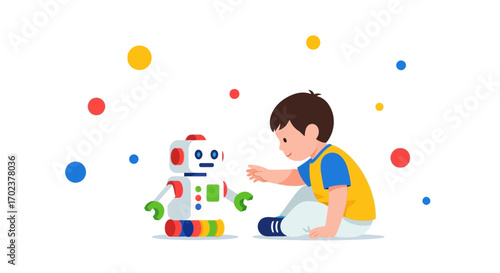 Illustration of Child Interacting With a Toy Robot Highlighting Technology and Childhood