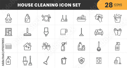  House cleaning icon set with mop, broom, detergent, gloves, washing machine, spray bottle, bucket, tools, hygiene and sanitation line icons for household, maid service, janitorial.