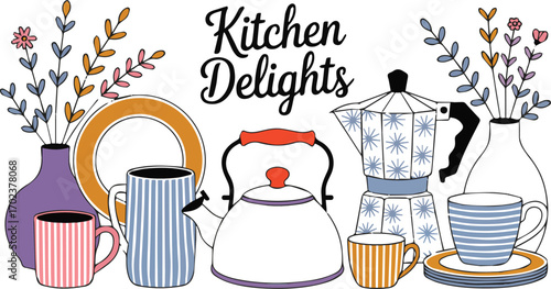 Vector art of kitchen delights illustration with various kitchenware