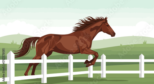 Illustrative Artwork Of A Brown Horse Jumping Over A White Fence In A Green Field