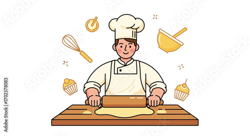 Illustrative Baker Rolling Out Dough, Producing Fresh Baked Goods in a Kitchen Environment