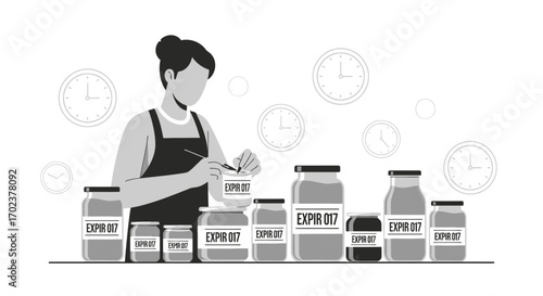 Illustration Of Woman Labeling Glass Jars With Expiry Dates And Clocks In The Background