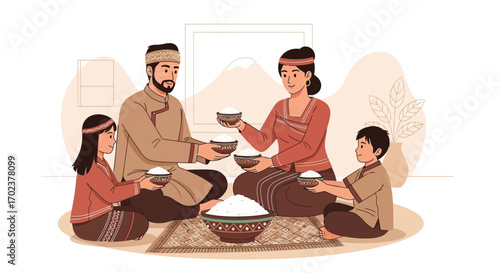 Family Gathering Serving Rice Together, Celebrating Tradition And Culture In Unity