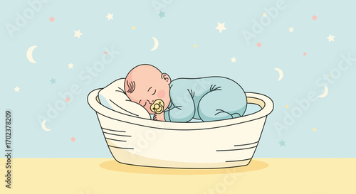 Illustrative Depiction Of An Infant Sleeping Peacefully In a Bedside Bassinet