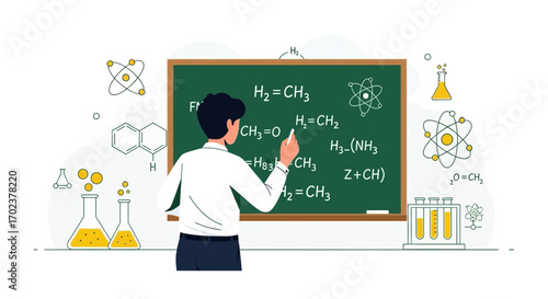Illustrative Depiction Of Chemistry Education, Student Studying Science On Blackboard