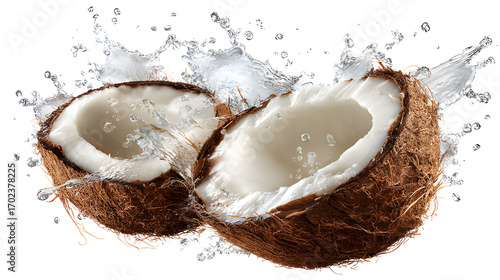Half broken coconuts with coconuts water splash. Coconut with liquid splash