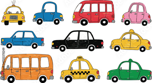 Vector art of a colorful collection of cartoon cars