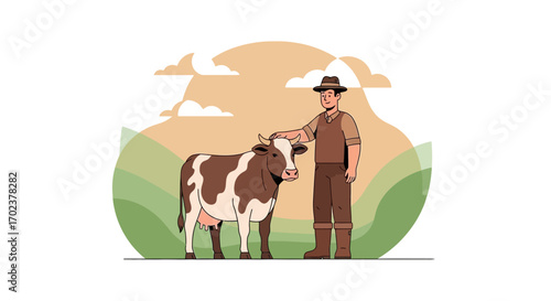 Farmer Gently Caressing Cow in a Rustic Farm Setting Depicting Rural Life and Agriculture