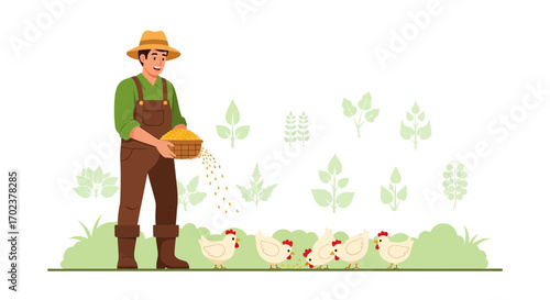 Farmer Feeding Chickens: A Vibrant Illustration of Rural Life and Agricultural Practice