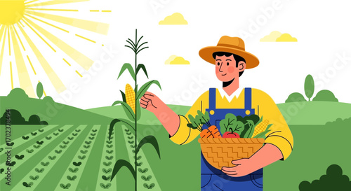 Farmer Harvesting Plentiful Crops Of Corn And Vegetables Under The Bright Sunlight