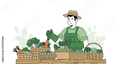 Farmer Organizing Fresh Produce in Baskets: A Verdant Harvesting Scene