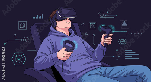 Immersive Virtual Reality Experience: A Young Person Enjoys Digital Interaction In 3D Space.