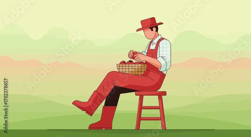 Farmer Sorting Harvested Tomatoes While Sitting On A Wooden Stool Outdoors In The Farm