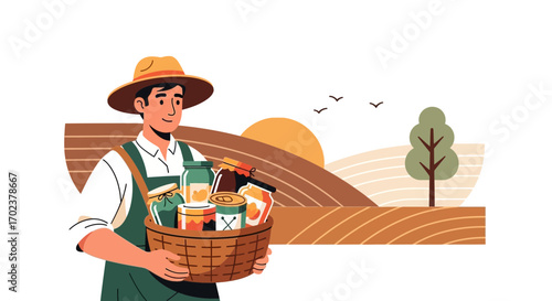 Farmer Presenting Harvested Goods with Scenic Landscape and Delicious Preserves Illustration