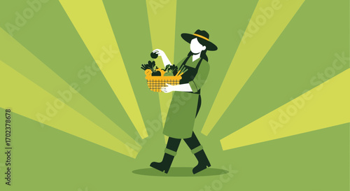 Farmer Walking In Green Fields, Handing Vegetables, Ready To Harvest and Ready