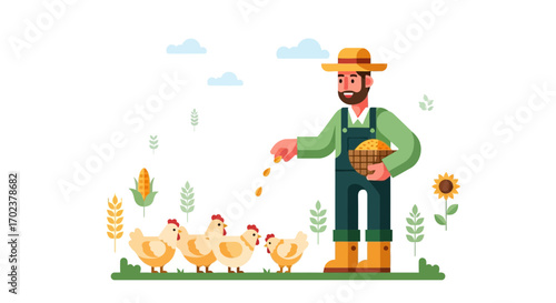 Farmyard Scene: Illustrator Vector Of Farmer Feeding Chickens With Harvested Grain