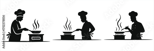 Professional chef cooking at a stovetop with rising steam, silhouette of cook flipping a pan, culinary kitchen scene showing chef at stove preparing hot meals, restaurant cooking and food preparation.