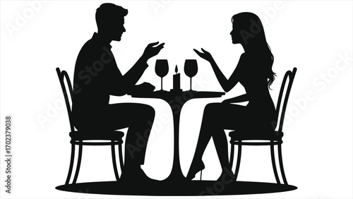 Silhouette of a romantic couple on a dinner date. Man and woman sitting at a restaurant table, talking and drinking wine. Vector illustration for love and relationship concepts, isolated on white.