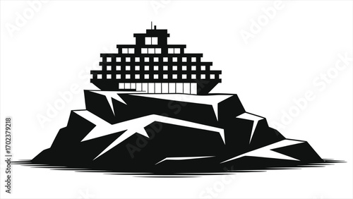 Silhouette of floating iceberg hotel in Arctic theme, luxury ice resort architecture on frozen landscape, unique polar lodge illustration for extreme adventure tourism, winter travel, Nordic..