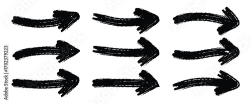  Set of Grunge Arrow. hand drawn grunge curved charcoal, chalk arrows. Best bold brush drawn arrows and squiggle lines. Black Hand drawn vector.