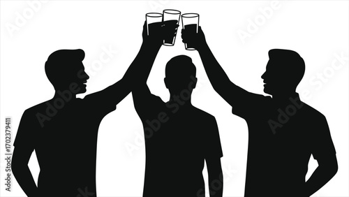 Silhouette of Group of Friends Raising Glasses in Toast Celebration – Cheers, Social Gathering, Party Night, Friendship, Bar and Pub Icon, Drinking Together, Celebration Vector Illustration
