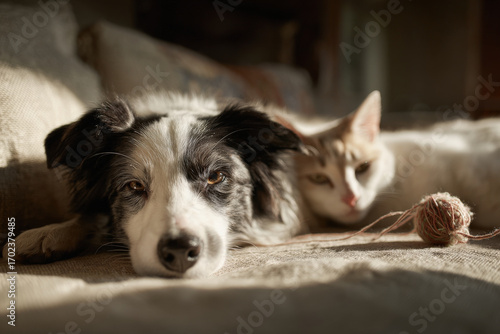 Wallpaper Mural playful cat and friendly dog lounging together on cozy couch showing their unique bond and companionship Torontodigital.ca