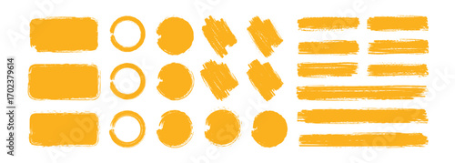 Set of Yellow paint, ink brush strokes, brushes, lines, grungy. Dirty artistic design elements, boxes, frames. Vector illustration.