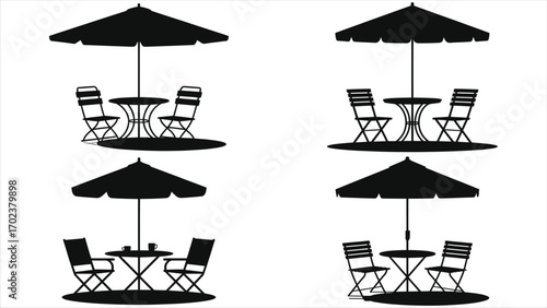 Silhouette of Outdoor Café Terrace with Umbrella-Shaded Bistro Tables and Chairs on Patio, Charming Alfresco Dining Setting, Café Culture, Hospitality, Leisure, Coffeehouse Ambiance, Summer Patio