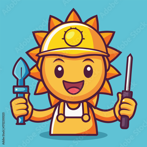 Cartoon sun character wearing hard hat and holding tools