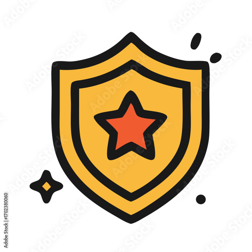 Vector shield icon with star symbol representing security, protection, safety, guarantee, and award. Ideal for cybersecurity, antivirus, defense, or achievement designs