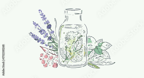 Hand drawn botanical illustration of infused water with lavender mint and chamomile sketch style