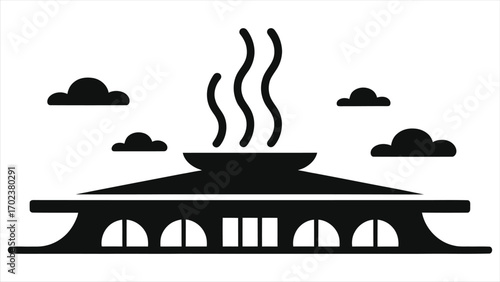 Modern Spa Resort Hotel Silhouette with Steam Rising Above Dome, Luxury Thermal Wellness Retreat Logo, Hot Springs Spa Icon, Relaxation, Hydrotherapy, Sauna, Aromatherapy, Hospitality, Health