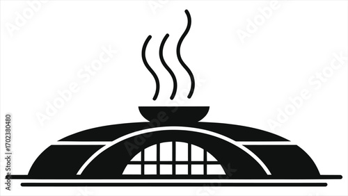 Silhouette of spa resort hotel with steam rising, wellness and relaxation center illustration, luxury retreat architecture for health, beauty, sauna, hot springs, massage, thermal bath and hospitality