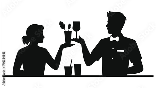 Professional Bartender Serving Elegant Cocktail to Customer at Modern Bar Counter Silhouette – Expert Mixology Service, Hospitality, Beverage, Nightlife, Upscale Lounge Ambience Concept, Stylish Drink