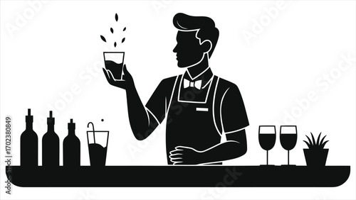 Black and White Minimalist Silhouette Vector of Male Bartender Serving Cocktail on Bar Counter with Bottles, Glassware and Shaker for Hospitality, Mixology, Service and Beverage Illustration