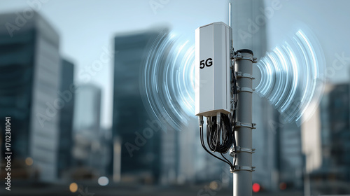 Small antennas on urban poles supporting 5G LTE technology to distribute signal coverage to specific