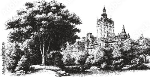 Central Park, New York illustration on a white background. This vector illustration can be used in any size you like for advertising, logos, and other work.