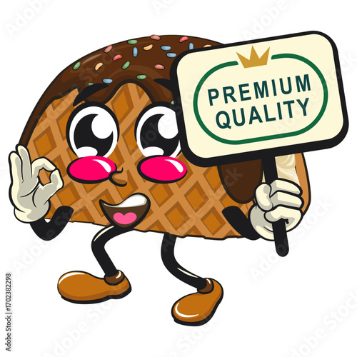 cute choco taco ice cream mascot character vector illustration carrying a sign board that says premium quality while giving an okay sign, work of hand drawn