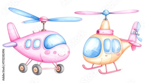 Two cute cartoon helicopters in pastel colors