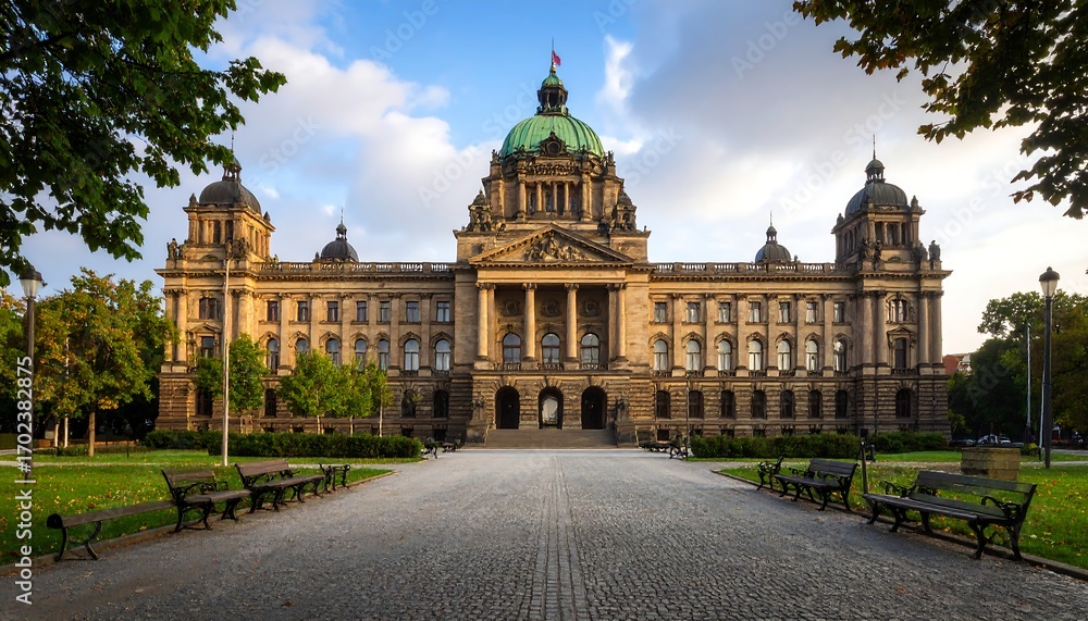 Obraz premium Grand European building in a park at dawn