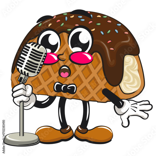 cute choco taco ice cream mascot character vector illustration on front of the mic become a stand up comedian, work of hand drawn