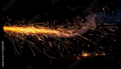 A burst of fiery sparks and smoke against a stark black backdrop, suggesting explosive energy
