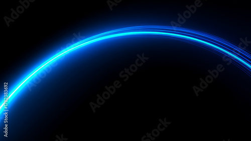 A brilliant blue light trail curves upward against a dark background, showcasing energy and motion.