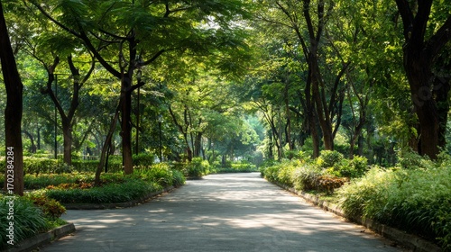 Minimalist Outdoor Park Pathway with Trees and Sunlight – Clean Nature Background for Design and Web