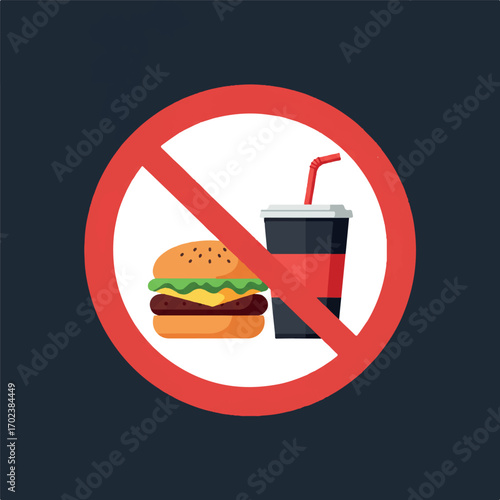 Flat 2D Vector No Food or Drink Prohibition Sign Icon. Red Circle, Diagonal Line, Burger & Soda Symbols. Hygiene & Restriction Graphic Isolated on White Background for Public Areas
