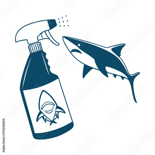 Shark Repellent Spray Bottle Vector Illustration Ocean Safety Concept, Monochrome Icon