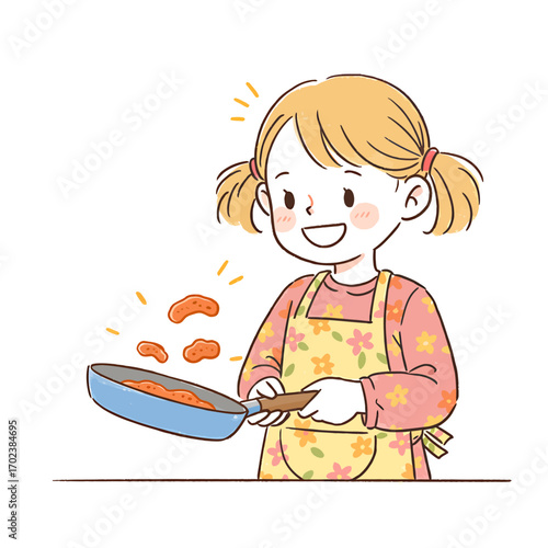 Adorable little girl with a happy smile cooking food in a frying pan. A charming illustration concept of a child learning household chores and new life skills with enthusiasm