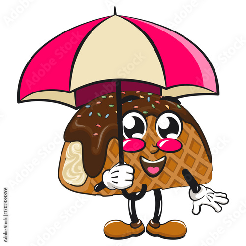 cute choco taco ice cream mascot character vector illustration with an umbrella, work of hand drawn