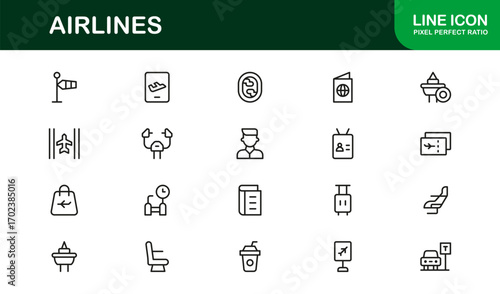 Airlines Travel Aviation Professional Line Icon Set – Modern Minimal Outline Vector Icons for Premium Designs